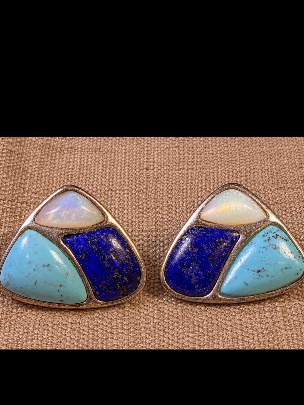 Sterling Silver Turquoise, Lapis & MOP Inlay Triangle Earrings